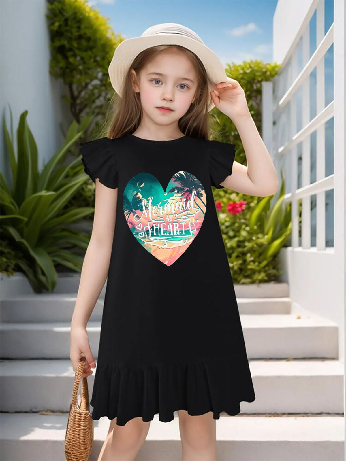 Mermaid at Heart Flutter Sleeve Short Black Dress for Girls (Front Printing)