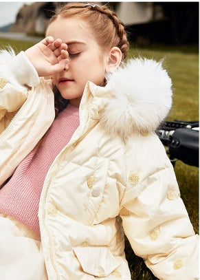 Children's Thickened Korean Large Fur Collar Medium Length Down Jacket