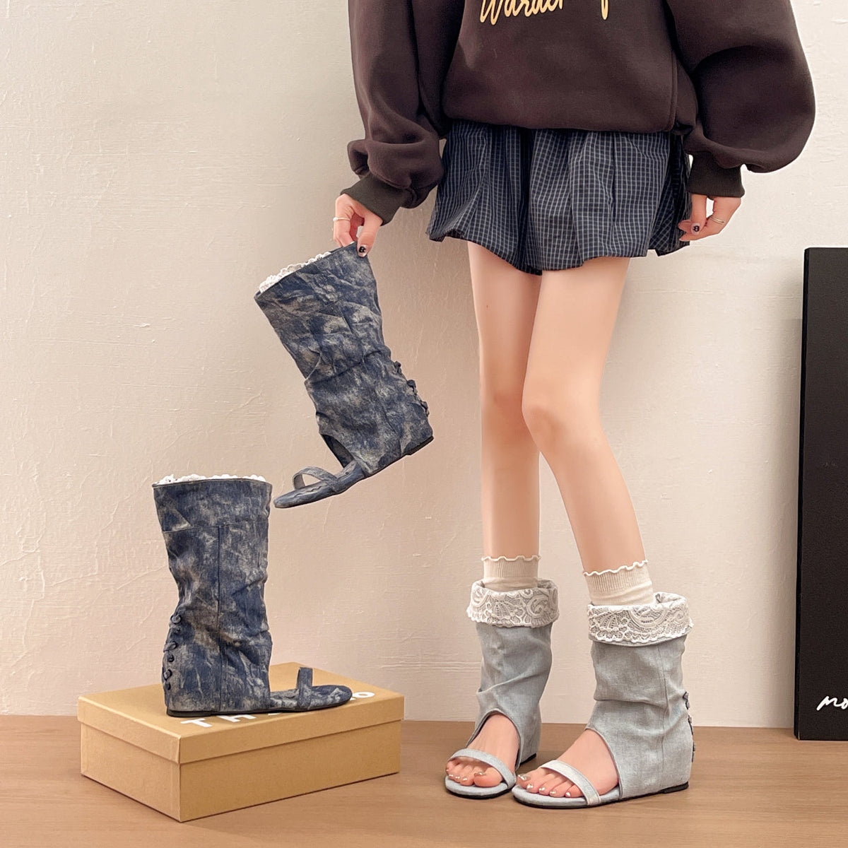 Women Slouch Washed Denim Open Toe Long Boots, Lace Trim Side Buttons Y2K Hidden Wedge Tall Sandal Booties
