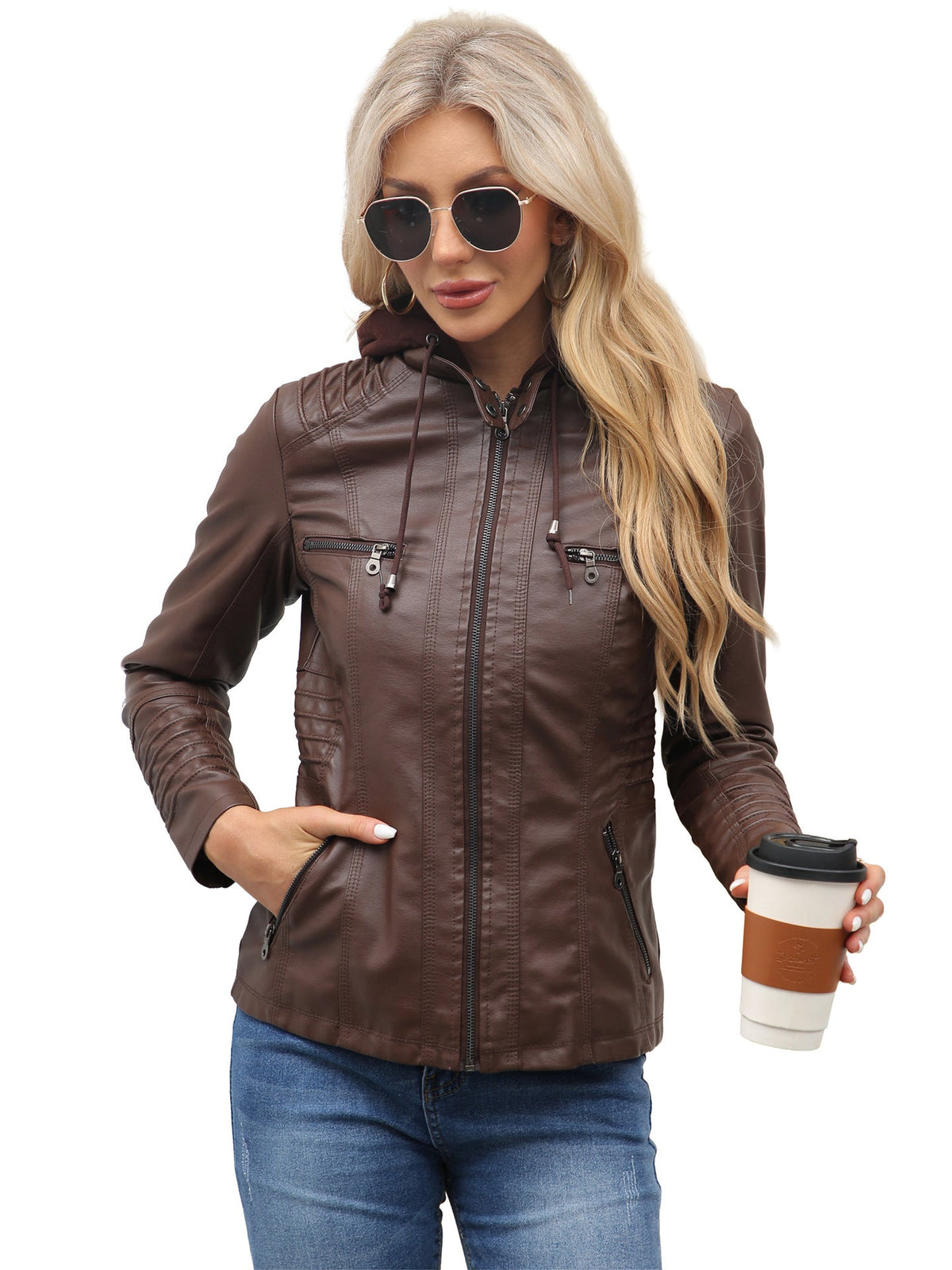 23 European And American Cross-border Hooded Leather Jacket Two-piece Set Removable Large Size Leather Jacket Women's Spring And Autumn Coat Women's PU Wash Leather