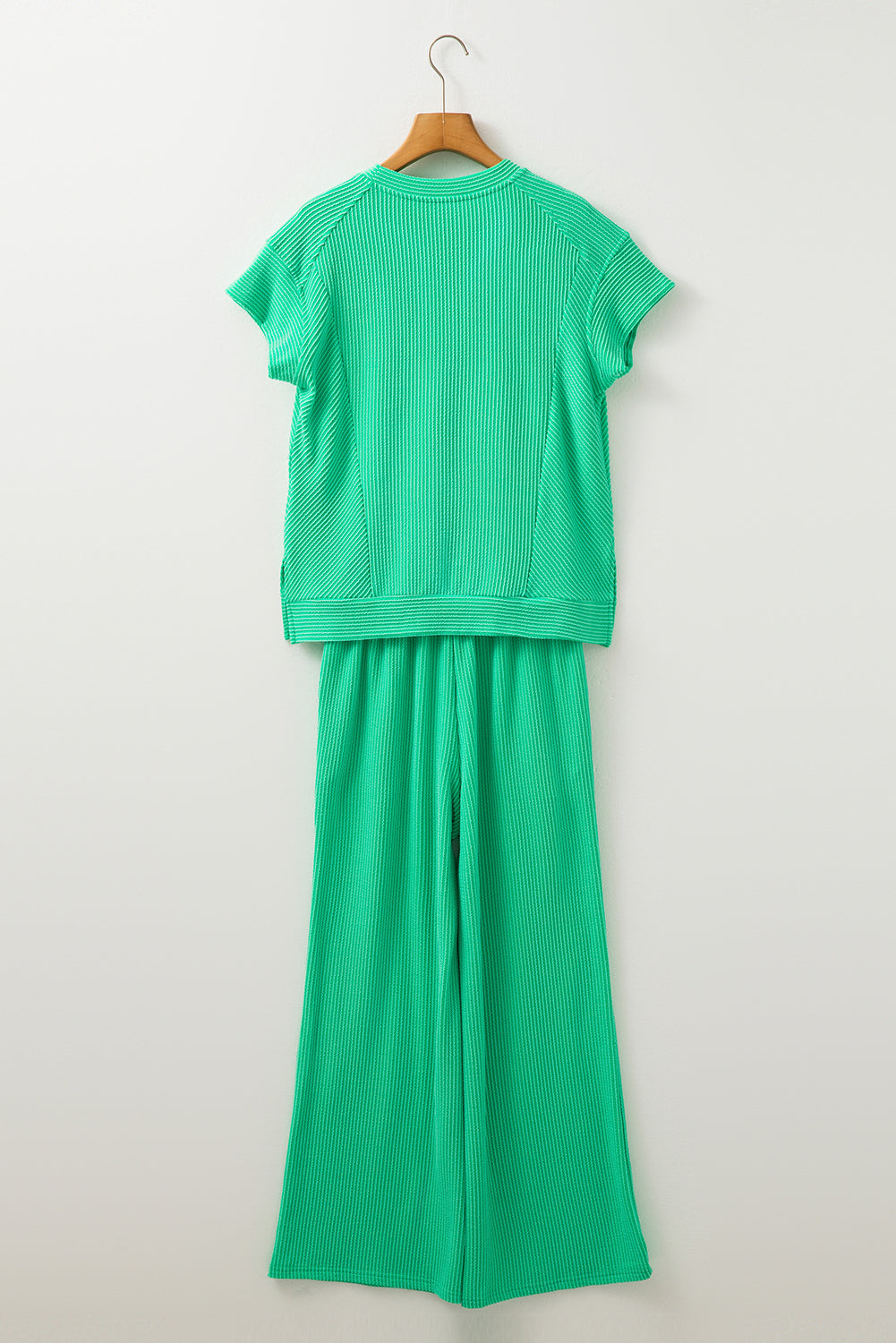 Wild Wind Solid Corded Short Sleeve Shirt and Wide Leg Pants Set