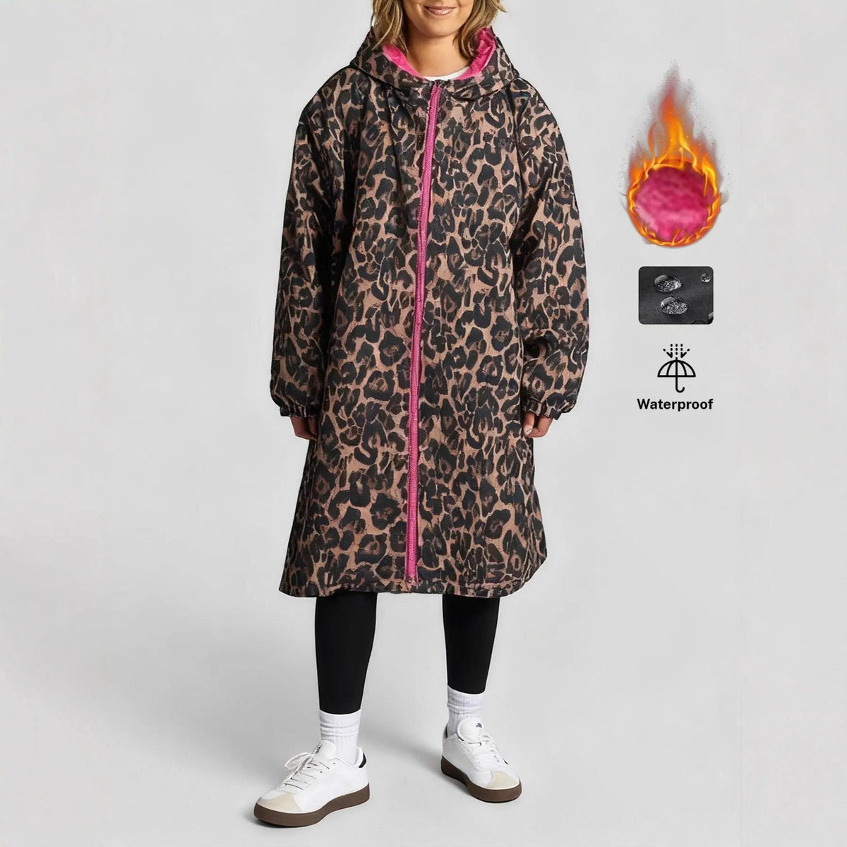 Fleece-lined Hooded Zip-up Leopard-print Coattrench Coat