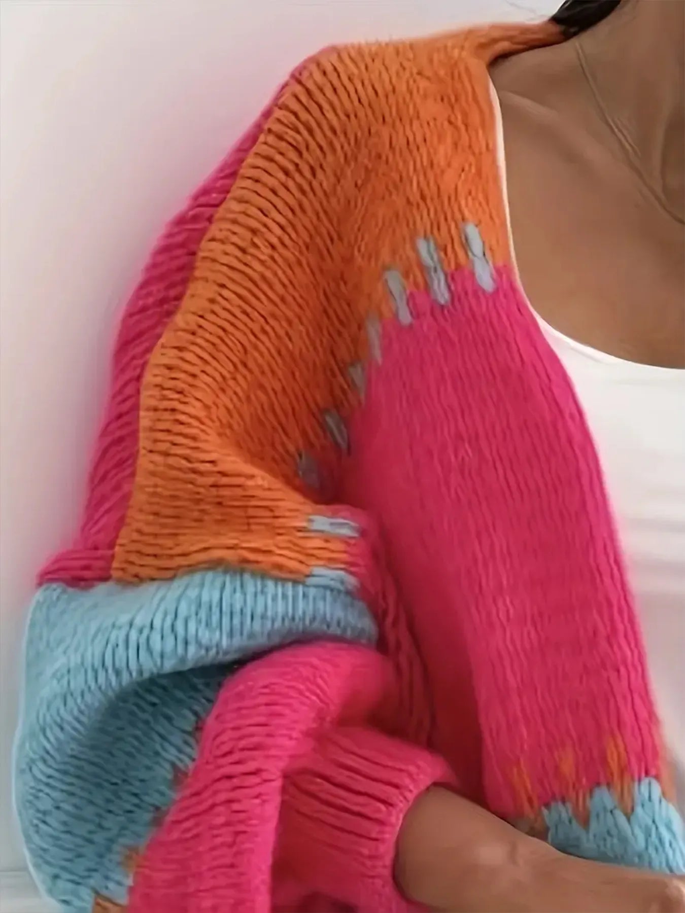 Women Color Block Drop Shoulder Cardigan Sweater