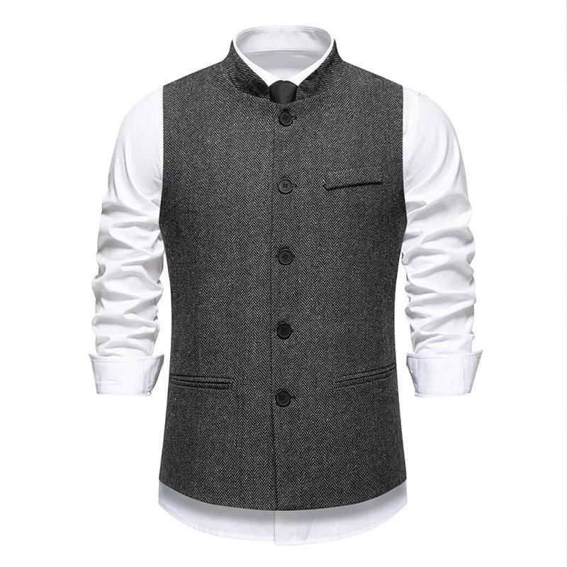 Men's Retro Stand Collar Herringbone Solid Color Suit Vest