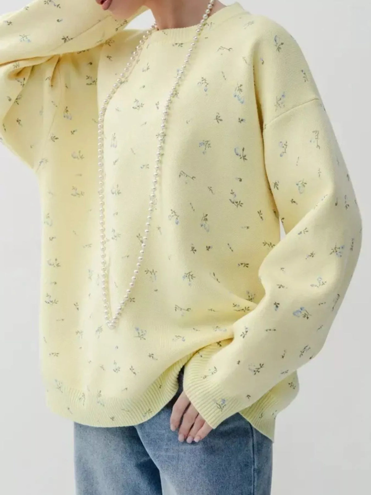 Ribbed Hem Floral Long Sleeve Sweater