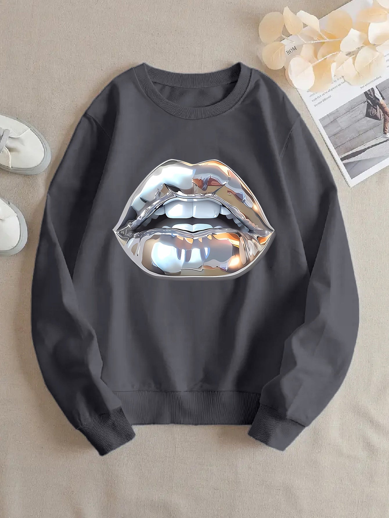 Womens Cartoon Silver Lip-Printed Sweatshirt See size chart under “more details”