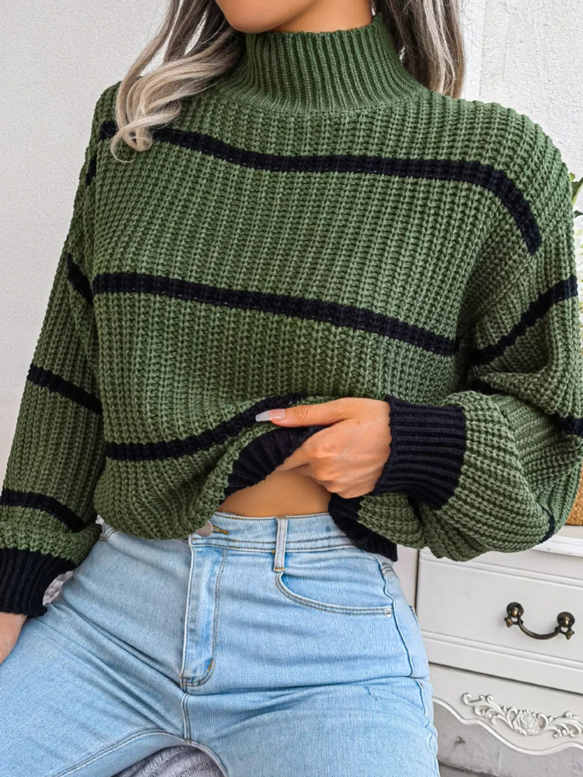 Full Size Striped Mock Neck Knit Sweater Plus Size