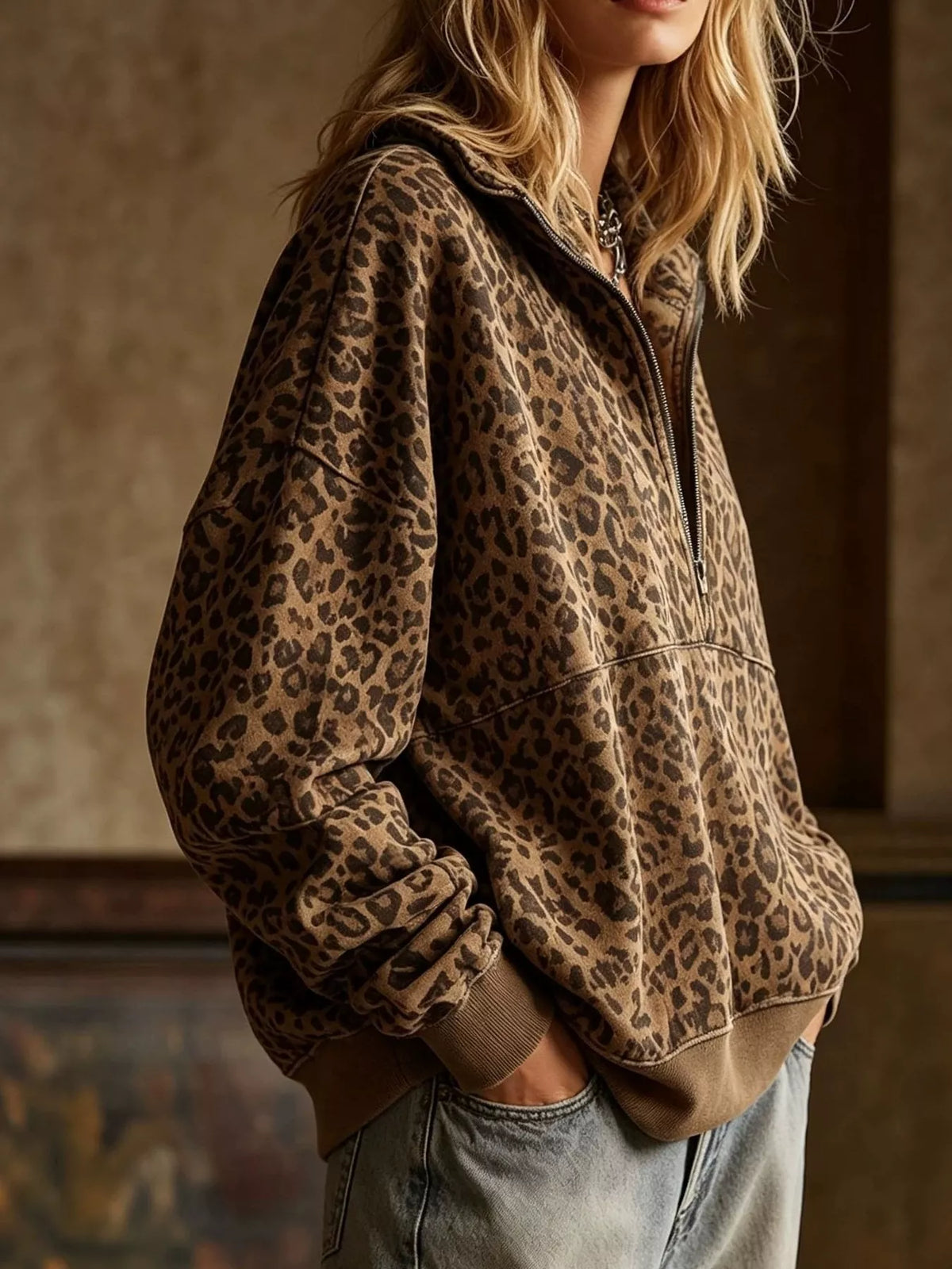 Leopard Half Zip Oversized Sweatshirt