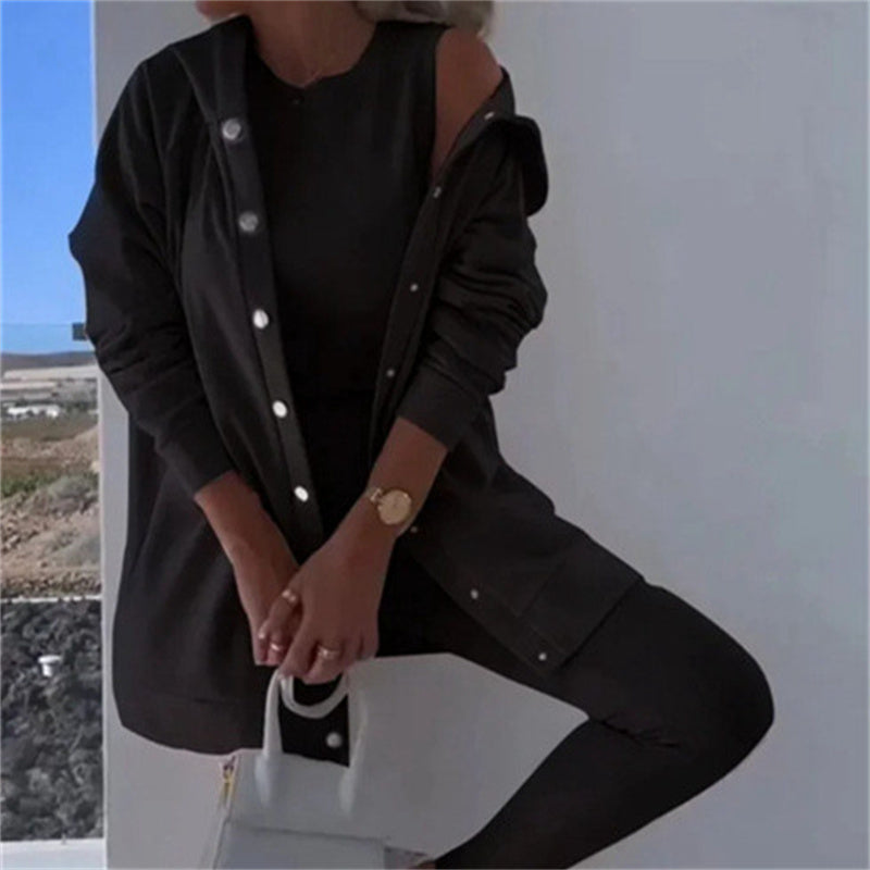 Conjunto de tres piezas de chaleco, pantalón y sudadera con capucha de ocio y deporte de moda femenina. Ver tabla de tallas en "más detalles".