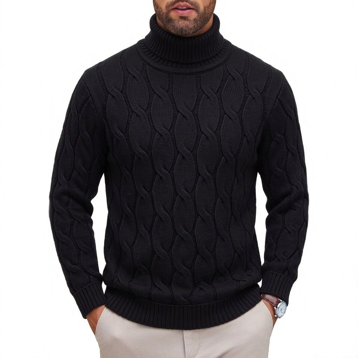 Men's Fashionable Turtleneck Sweater With Knotted Floral Design Loose Fit