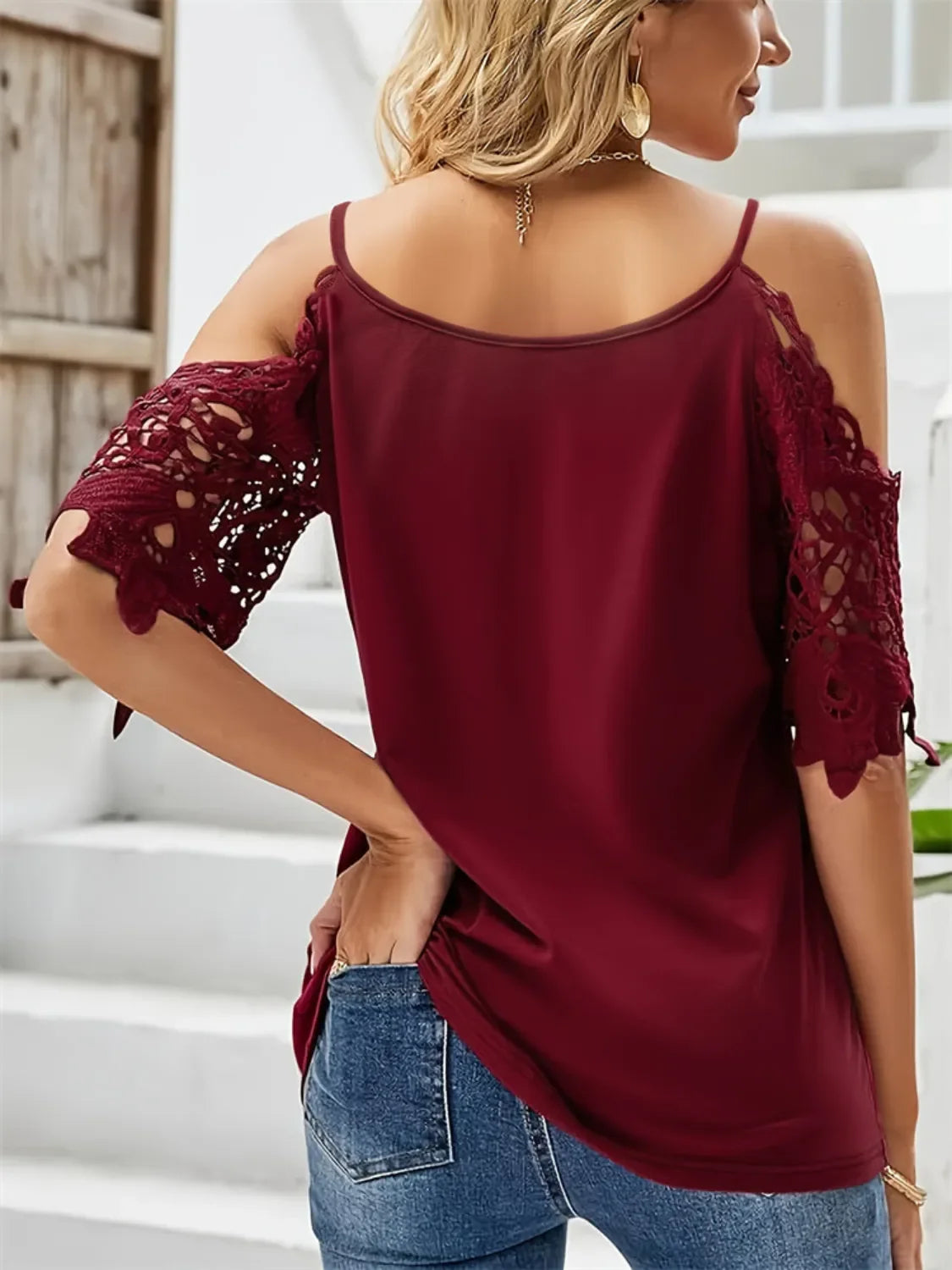 Cold Shoulder Lace Sleeve Blouse