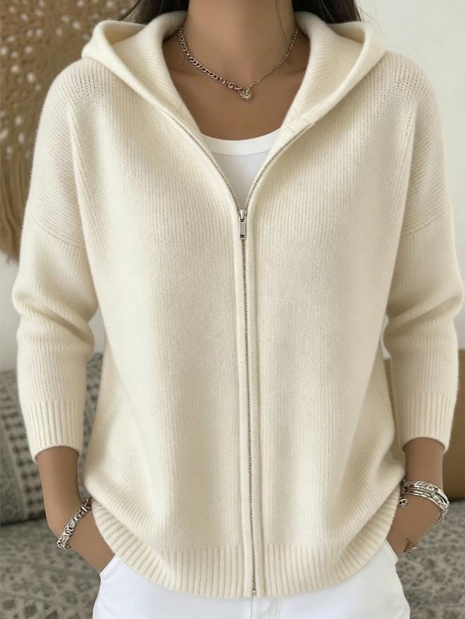 Zip-Up Knitted Hooded Cardigan Coat – Women’s Sweater