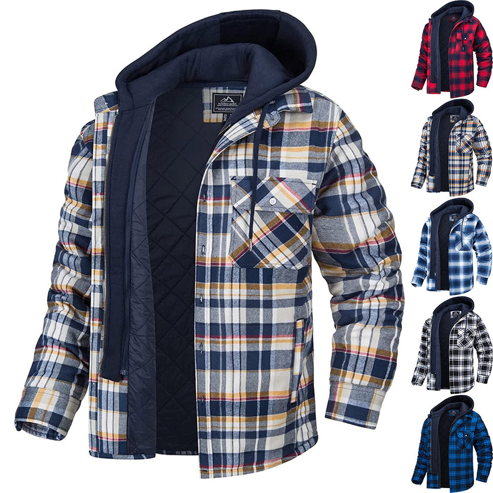 Abrigo de Cuadros con Capucha para Hombre, Chaqueta Cálida de Invierno con Botones y Cremallera, Moda Casual Gruesa Acolchada de Manga Larga, Ropa de Abrigo