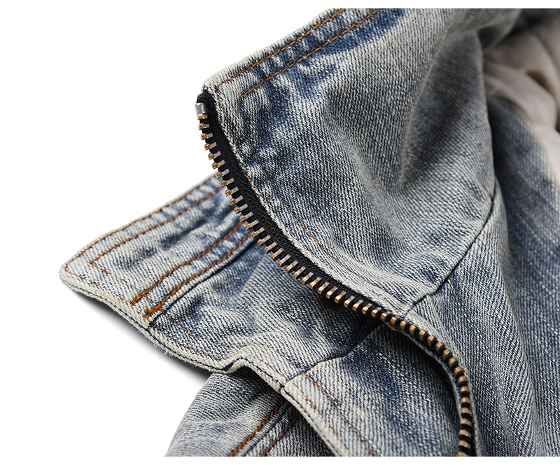 Vintage Wash Denim Jacket with Layered Collar for Men