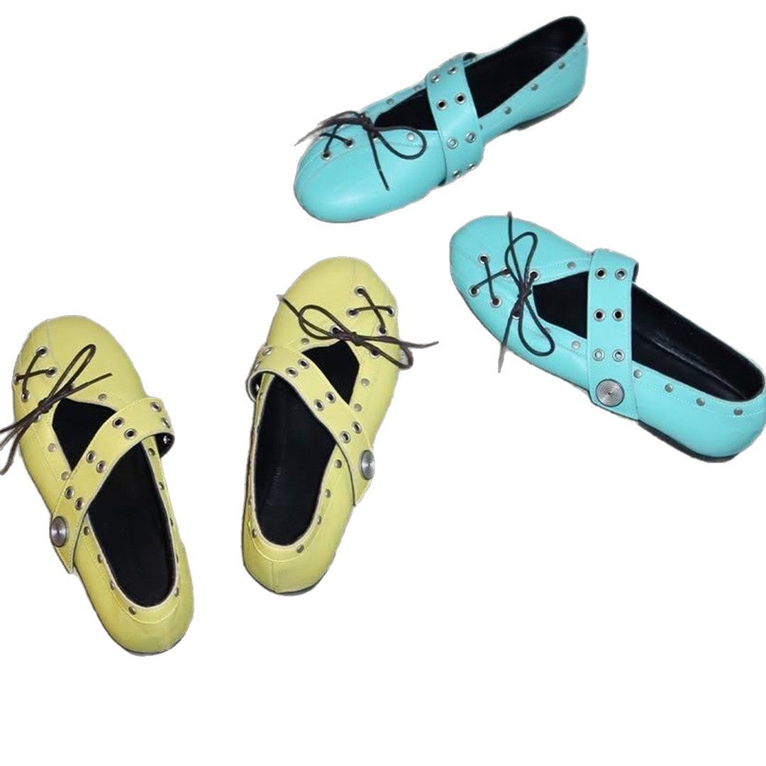 Rivet-strap Ballet Flats For Women Flat-soled Round-toe Mary Jane Leather Shoes