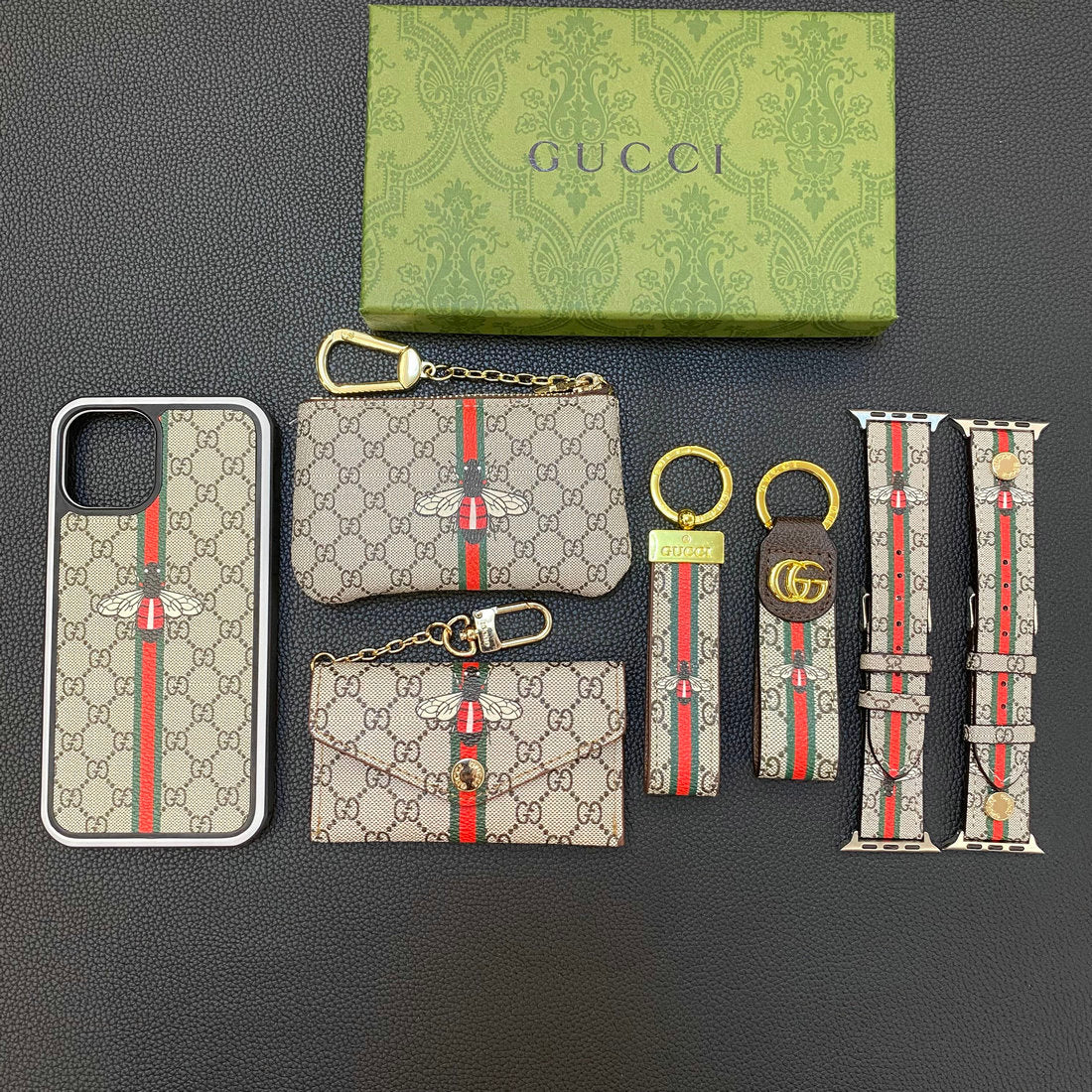 Set de regalo de moda (funda para iPhone+llavero+monedero+tarjetero+correa de reloj)
