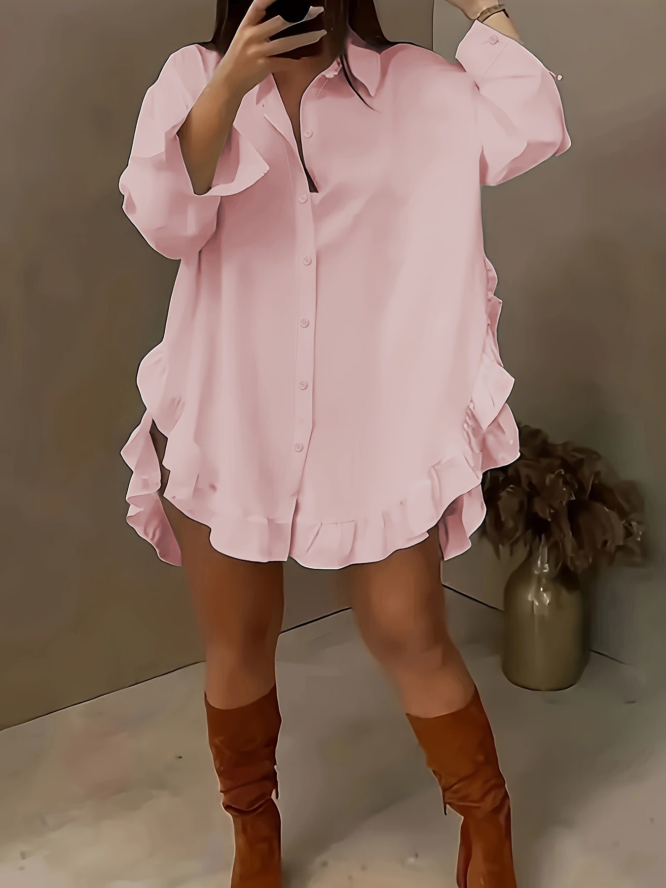 Hem Ruffled Casual Long Sleeve Shirt See size chart under “more details”