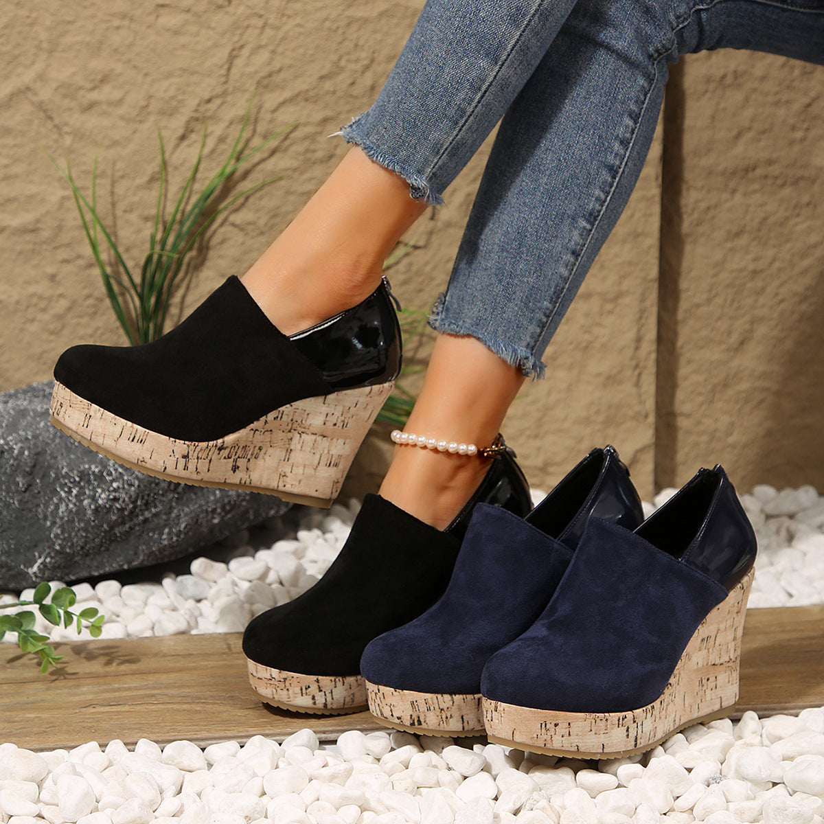 Women's Suede and Leather Patchwork Wedge Heels