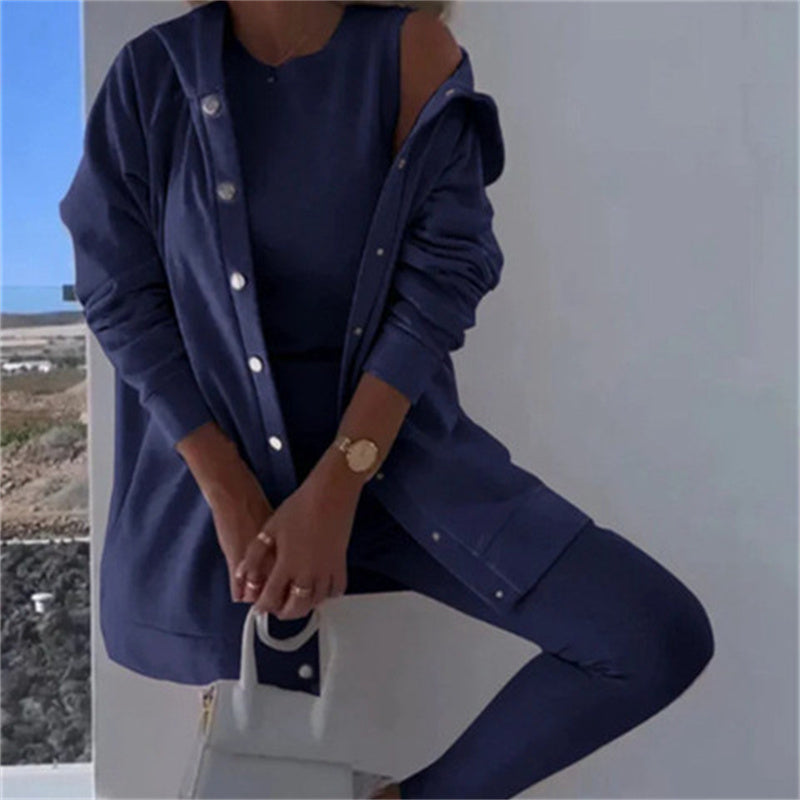 Conjunto de tres piezas de chaleco, pantalón y sudadera con capucha de ocio y deporte de moda femenina. Ver tabla de tallas en "más detalles".