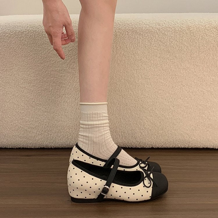 Women Polka Dot Bow Mary Jane Shoes One Strap Invisible Wedge French Ballet Flats