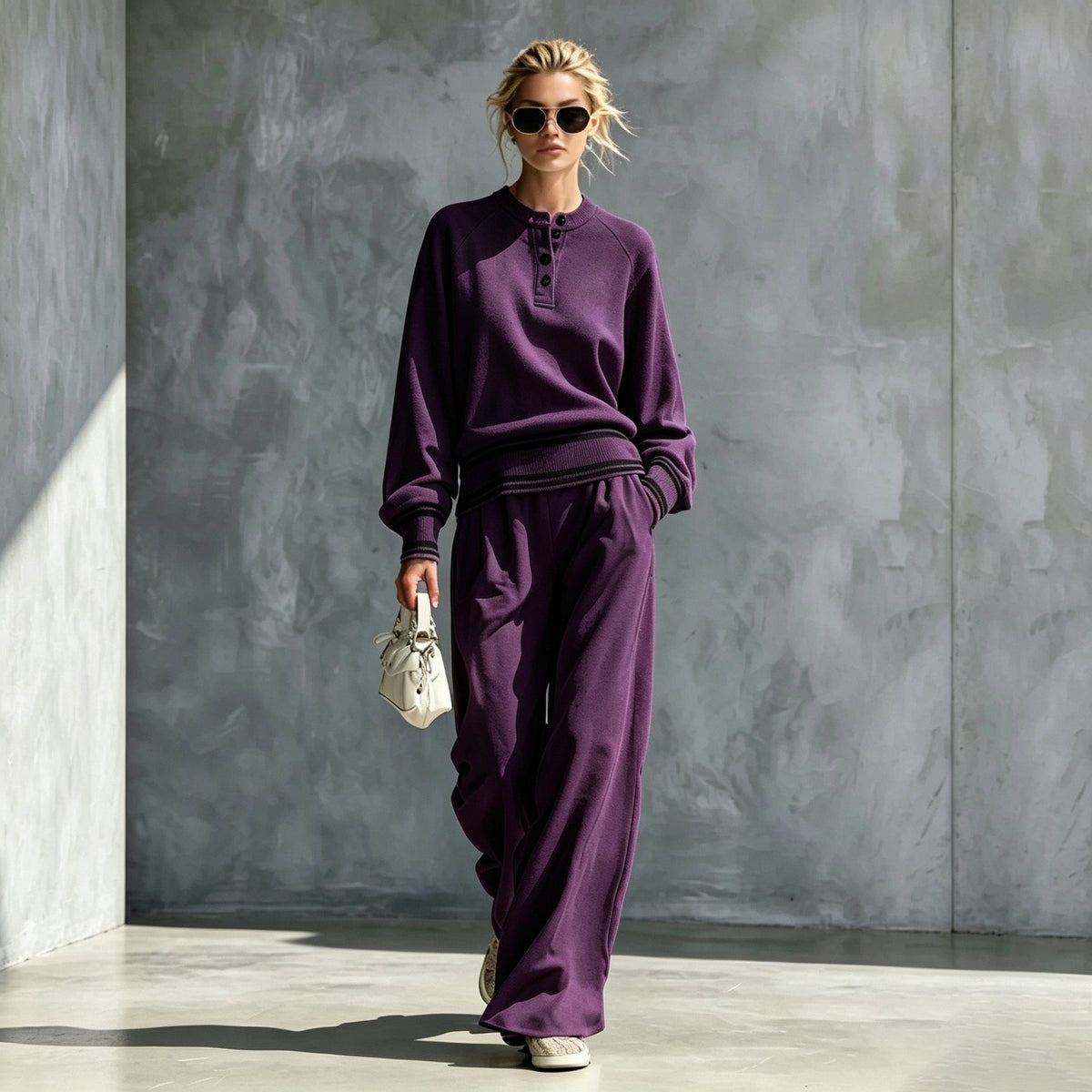 Women's Striped-Trim Henley Top & Wide-Leg Pants Set