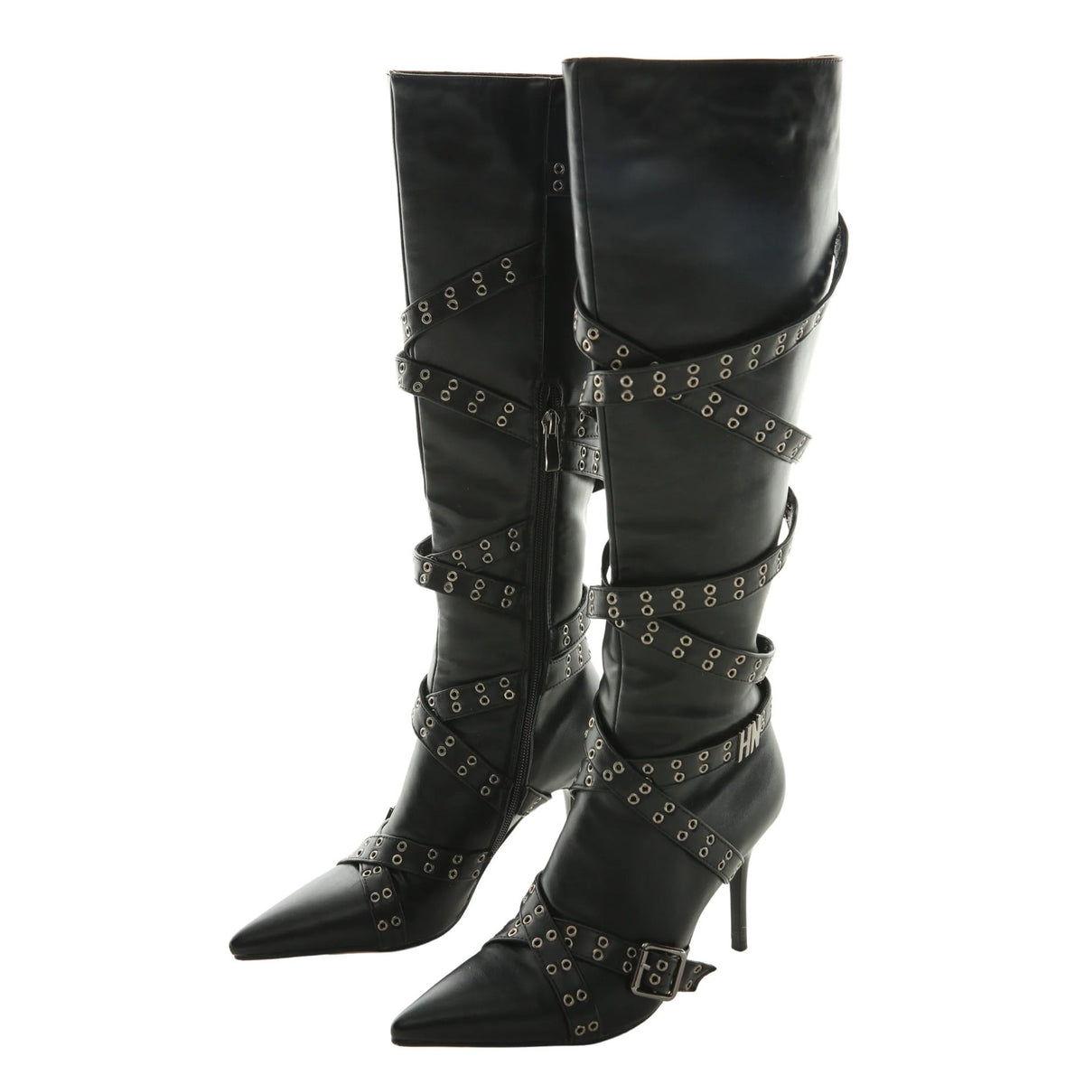 Strap-detail Pointed-toe Studded High-heeled Over-the-knee Boots For Women