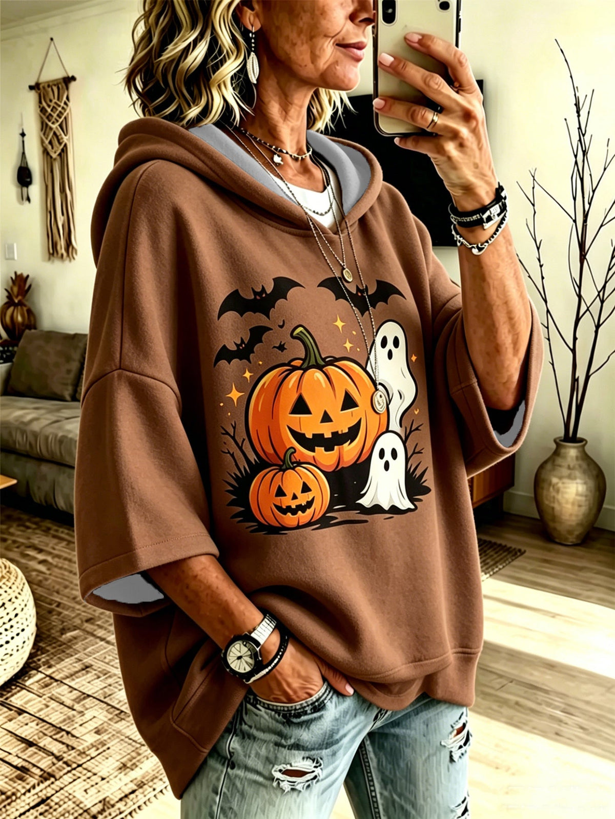Digital-print Halloween Casual Loose-fit Hooded Sweatshirt