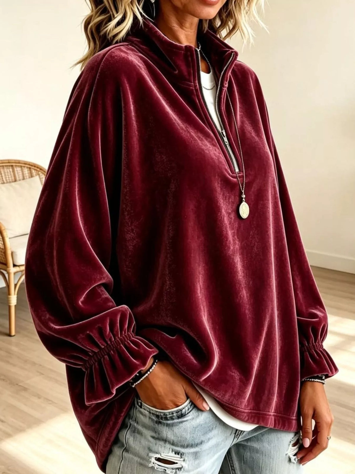 Velvet Quarter-Zip Sweatshirt with Ruffled Cuffs