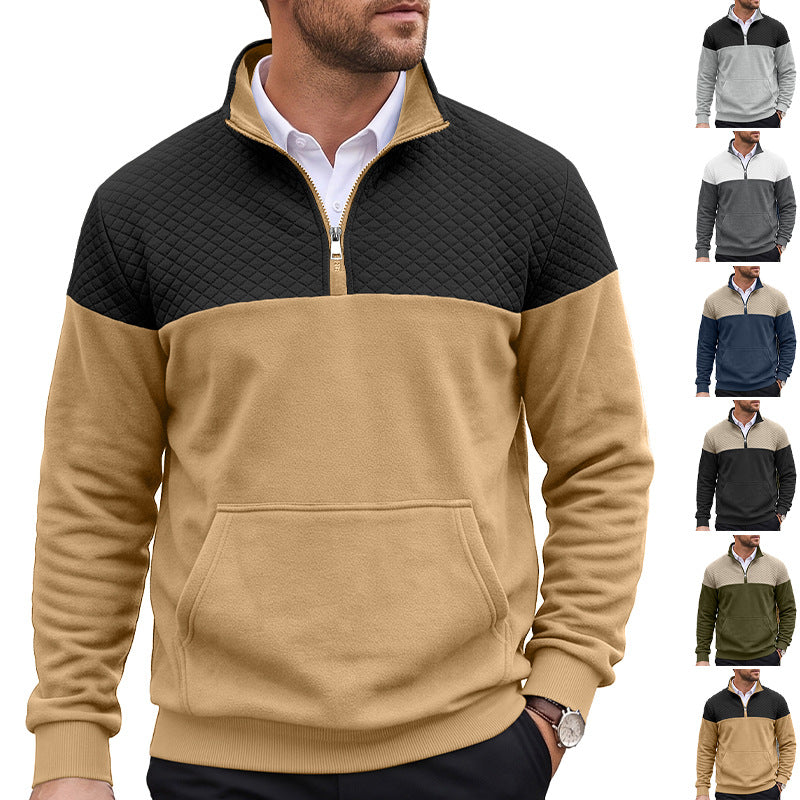Cross Border American Men's Waffle Casual Stand Collar Zipper Pullover Small Square Long Sleeve Sweater TK Rhombus Jacket