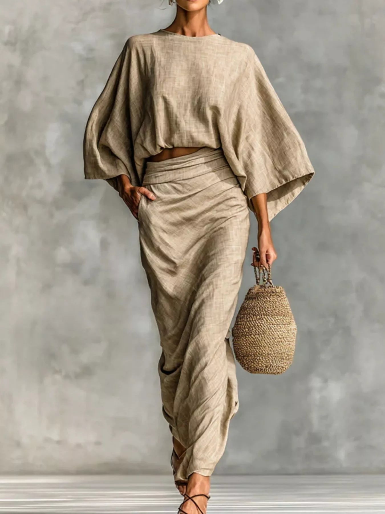 Conjunto de top de manga kimono de talla grande y falda fruncida Tallas grandes Vea la tabla de tallas en "más detalles"