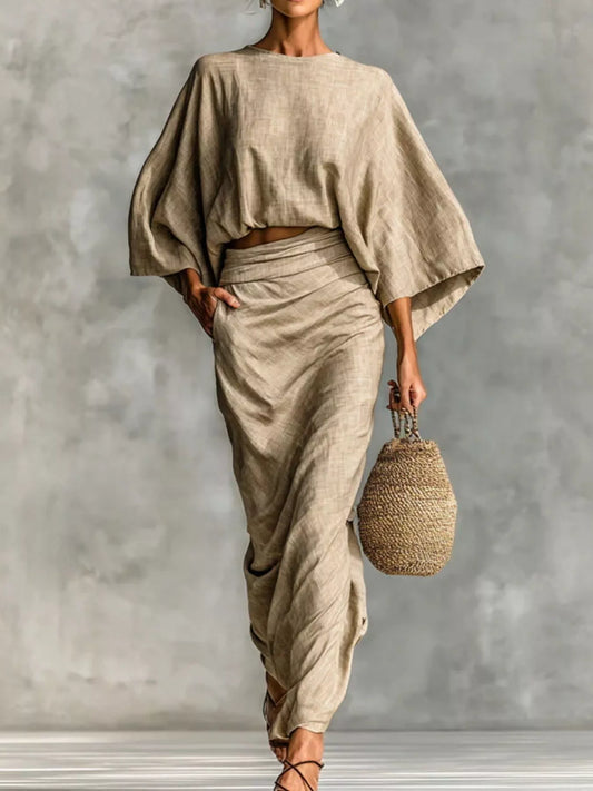 Conjunto de top de manga kimono de talla grande y falda fruncida Tallas grandes Vea la tabla de tallas en "más detalles"