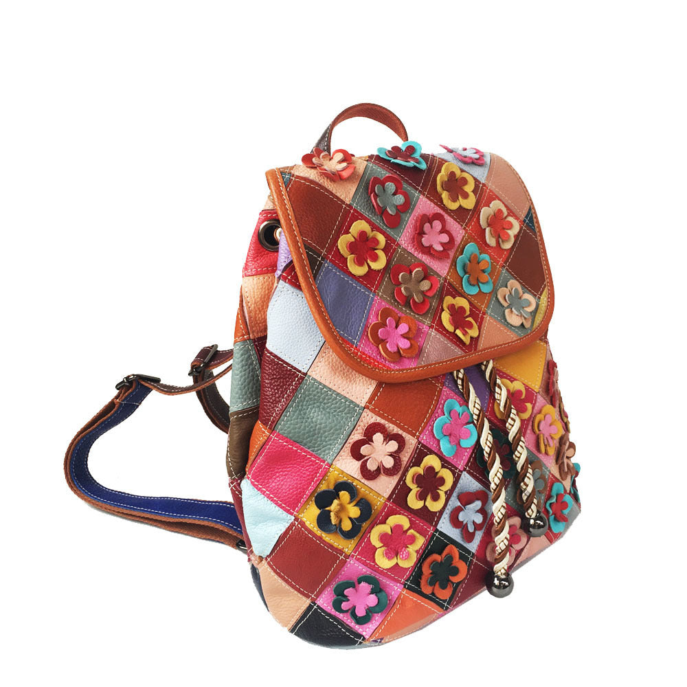 Stitching Rhombus Retro Women's Bag Leather Backpackage Backpack See size chart under “more details”