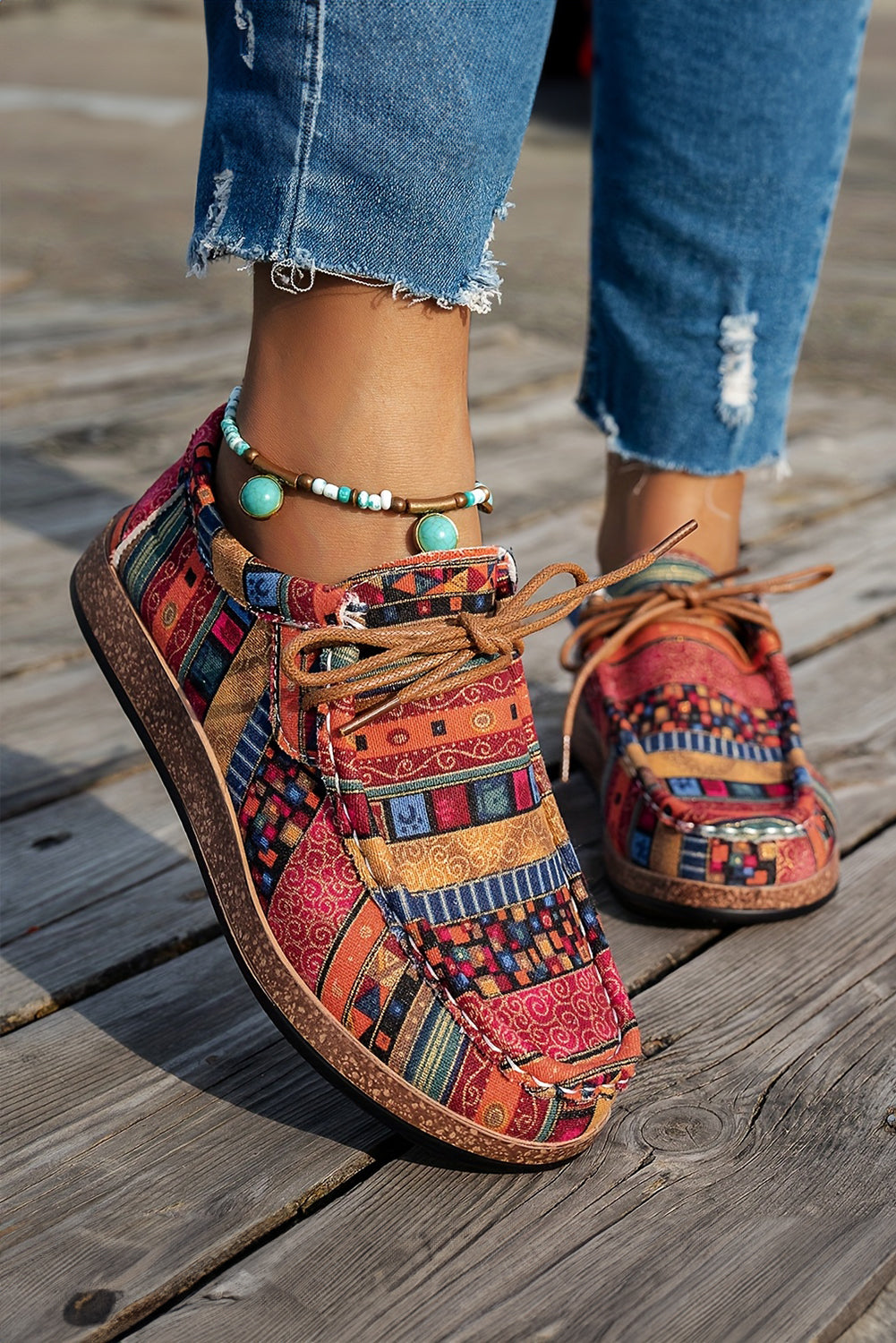 Zapatillas Racing Red ligeras, estilo boho, de retales, con cordones