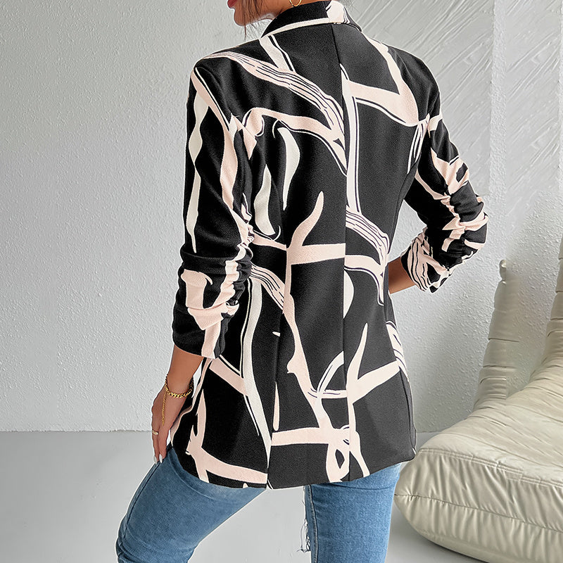 Chaqueta de trabajo para mujer con estampado abstracto, botones y manga larga