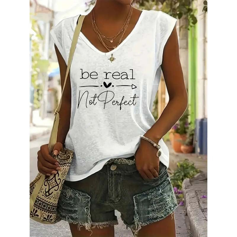 Camiseta de Mujer con Estampado de Slogan y Cuello en V, Manga Corta, Estilo Casual y Cómodo para Verano
