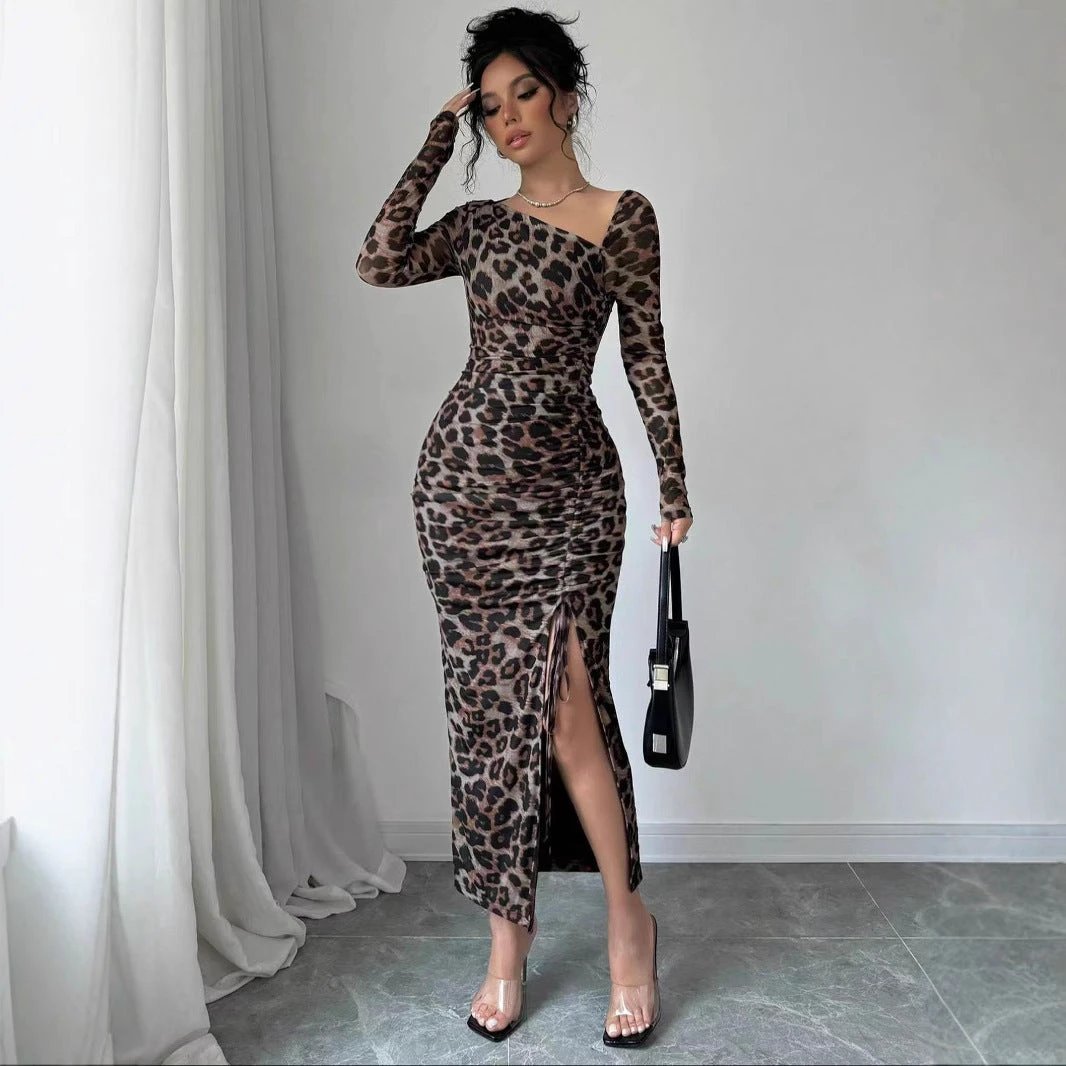 New Women's irregular V-Neck Long Sleeve Sexy Leopard Print Dress