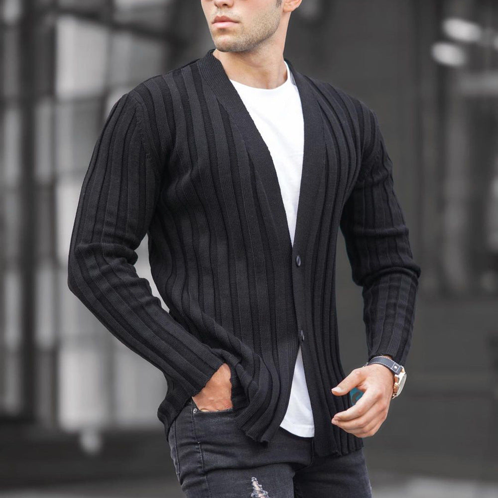 Cárdigan liso de color para hombre estilo europeo y americano, suéter casual de punto con patrón de rayas verticales y corte ajustado