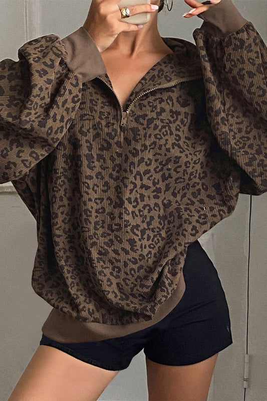 Sudadera de pana con cremallera corta y estampado de leopardo marrón