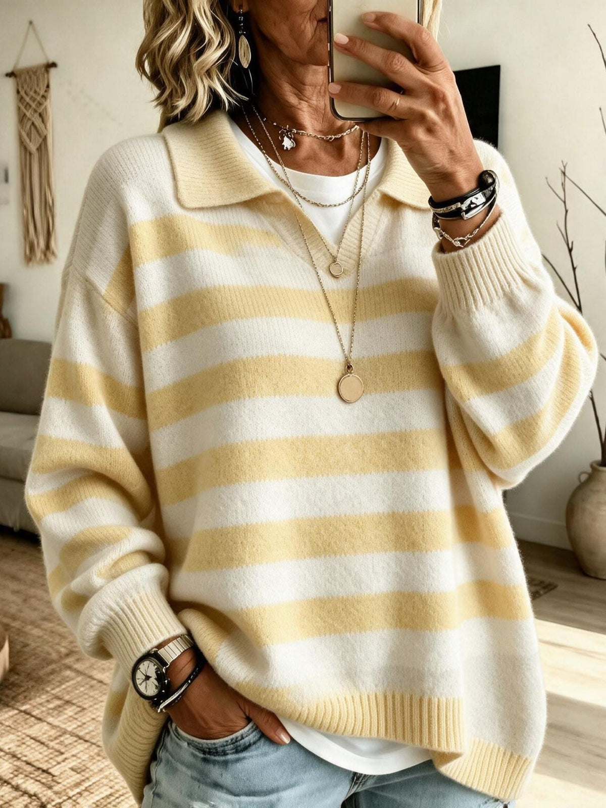 Women's Striped Color-Block Navy-Style Knit Sweater With Lapel Collar