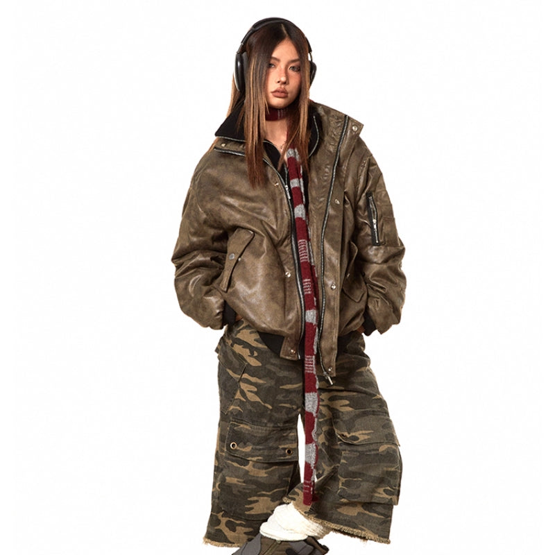 American-style Fake Two-piece Suede Bomber Jacket Cotton-padded Jacket