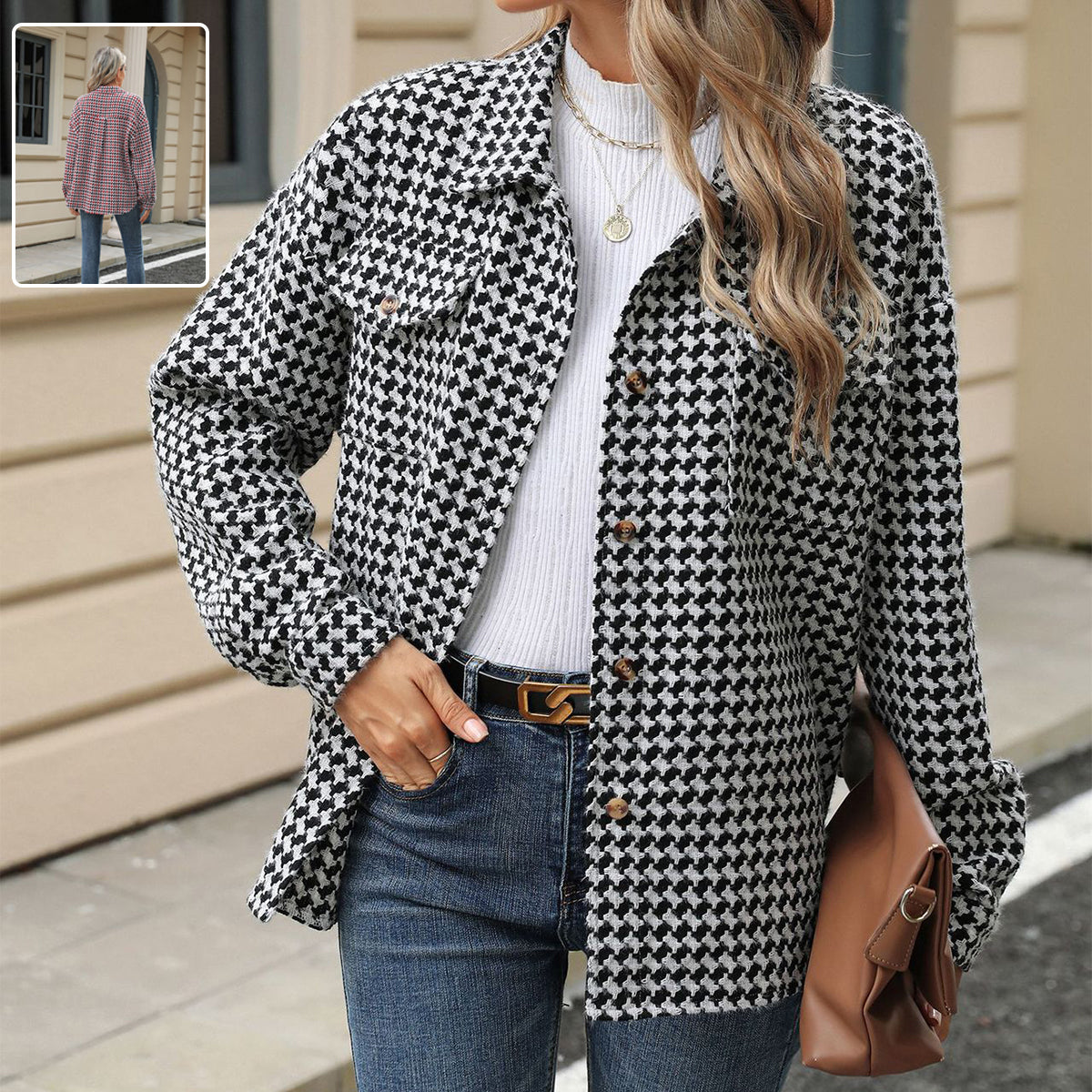 Gabardina de tweed con solapa de pata de gallo, abrigo casual de manga larga suelto con bolsillos, prendas de abrigo para mujer. Ver tabla de tallas en "más detalles".