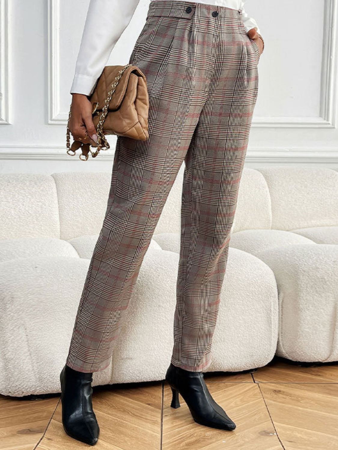 Pantalones Rectos Perfee de Cuadros con Bolsillos