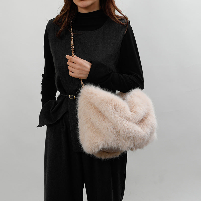 Pleated Faux Fox Fur Shoulder Bag