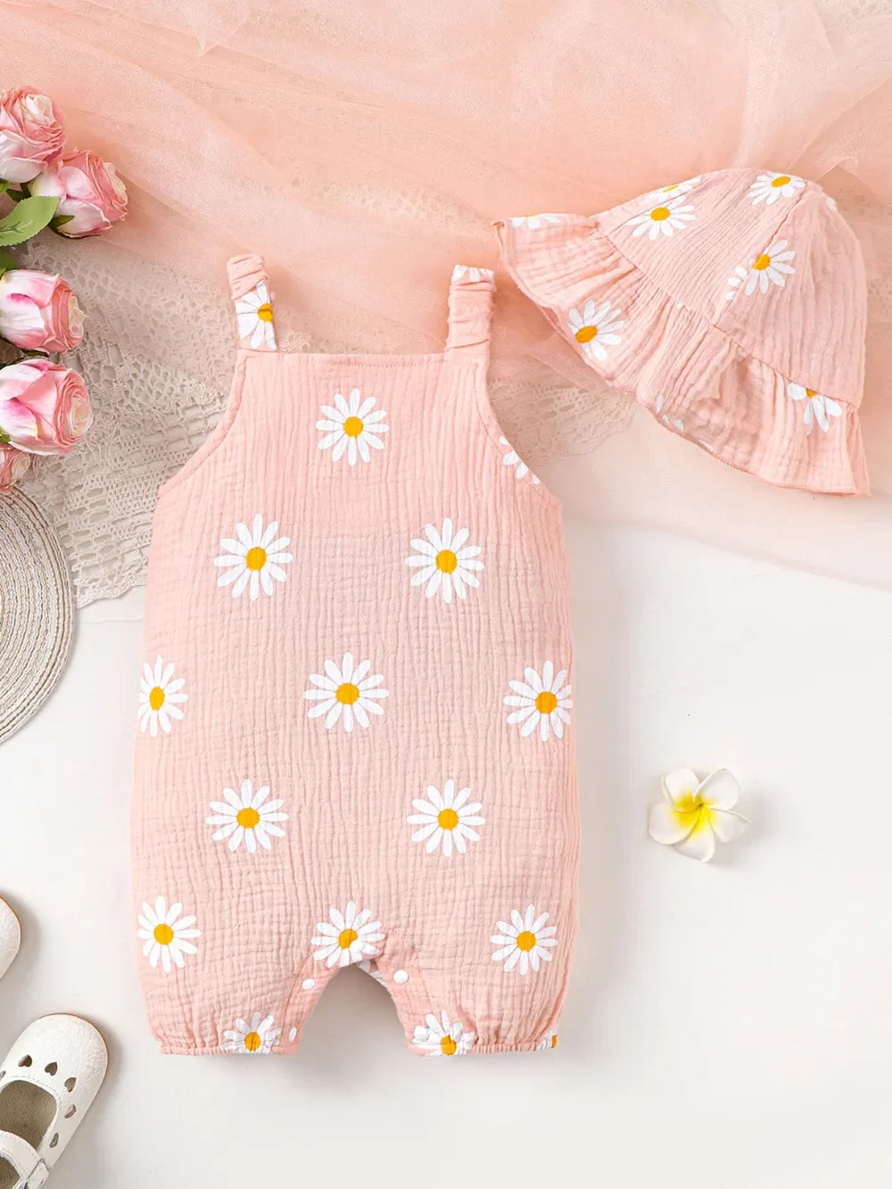 Children's Daisy Textured Wide Strap Romper and Hat Set