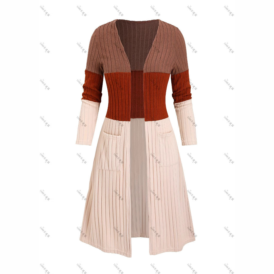 Womens Plus-Size Fashionable Casual Contrasting Color Long-Sleeve Cardigan Long Coat