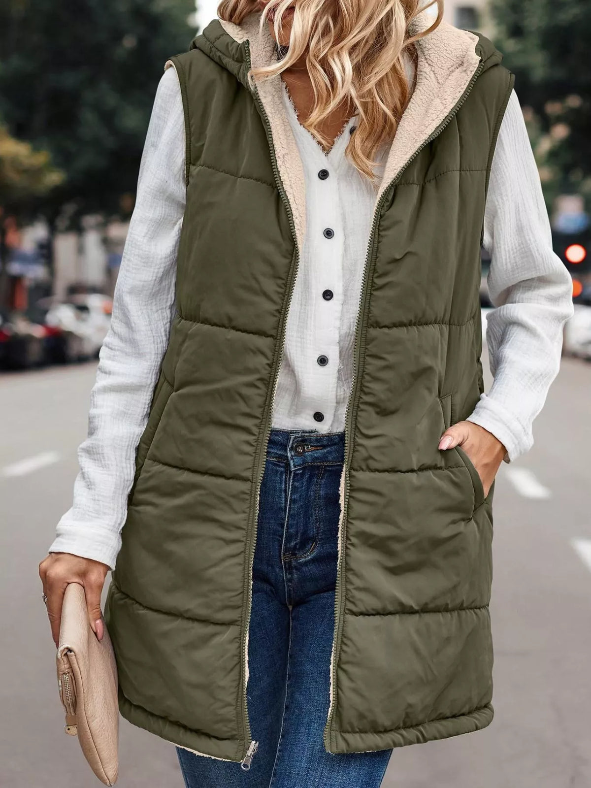 Full Size Hooded Sherpa-Lined Puffer Vest Coat Plus Size