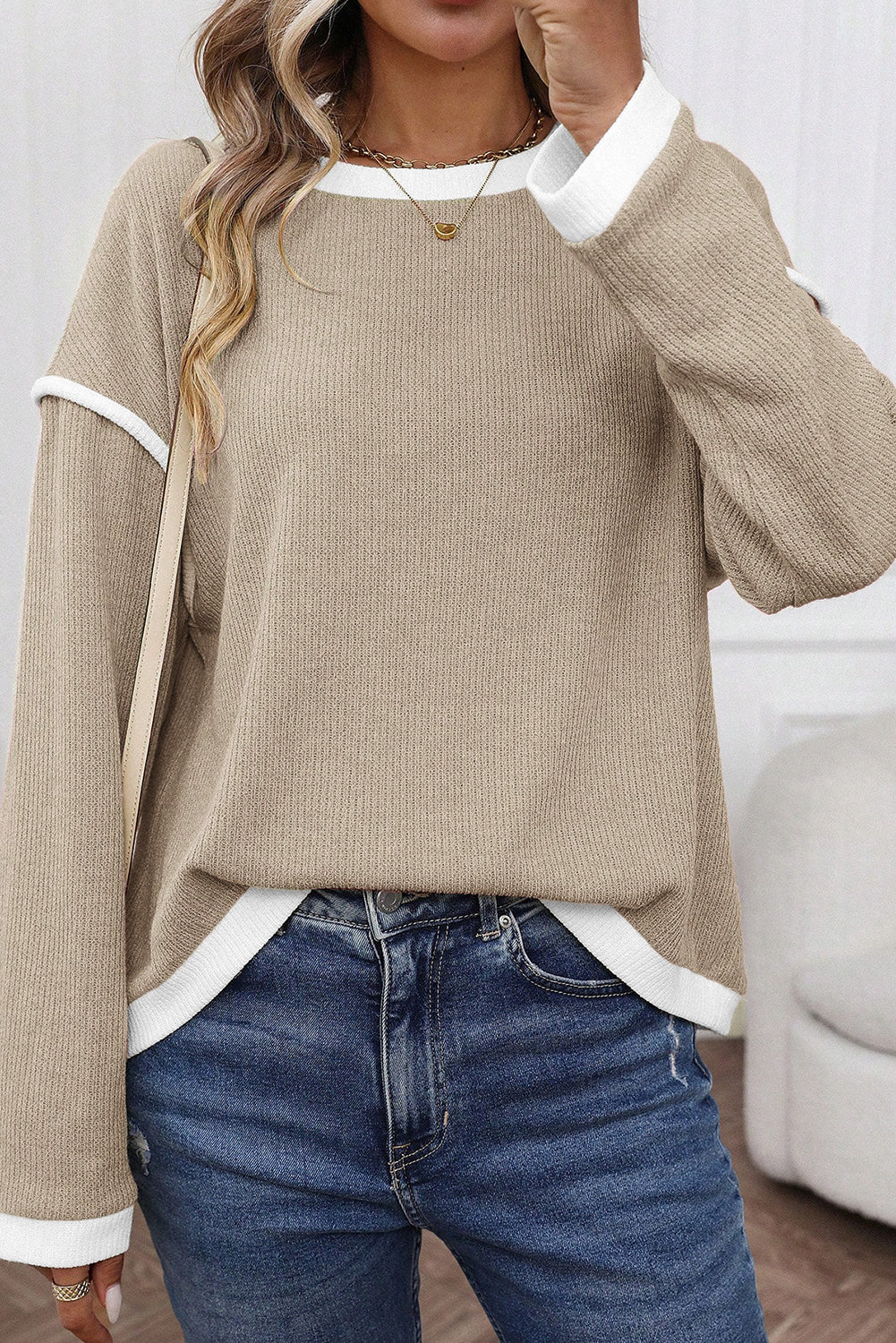 Beige Contrast Color Trim Knit Drop Shoulder Loose Top