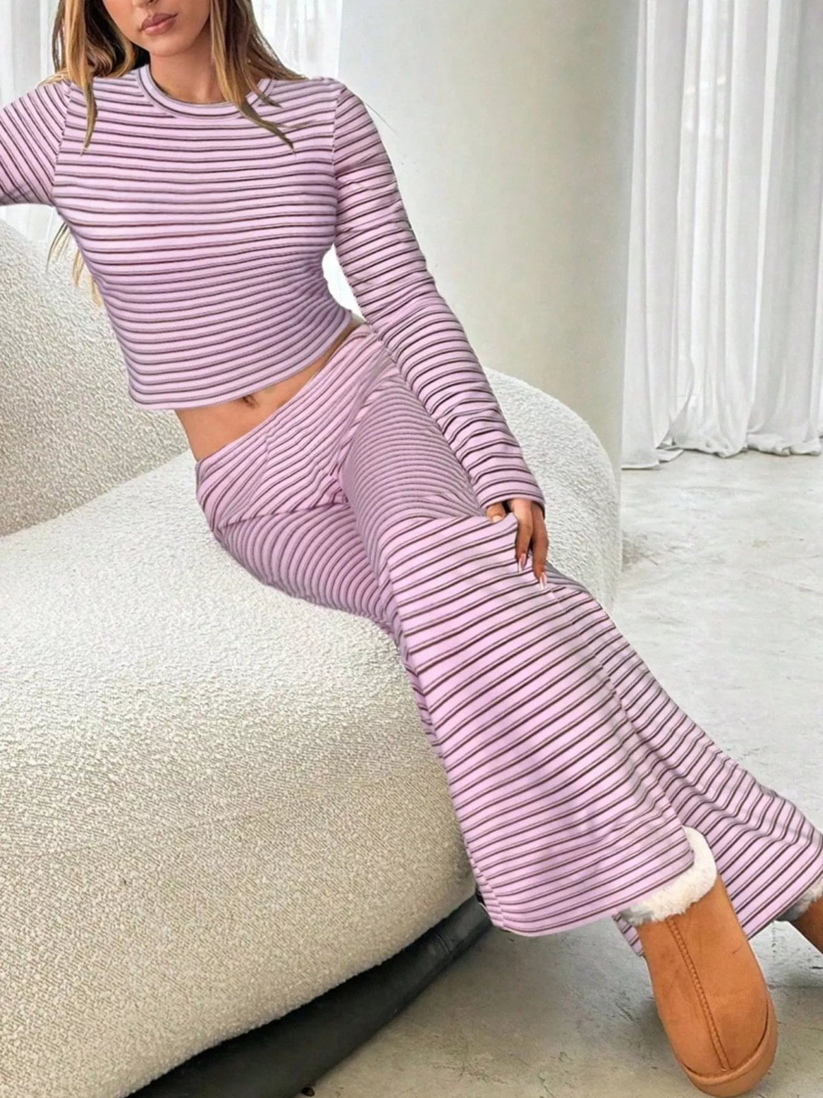 Striped Long Sleeve Crop Top and Wide Leg Pants Two-Piece Set