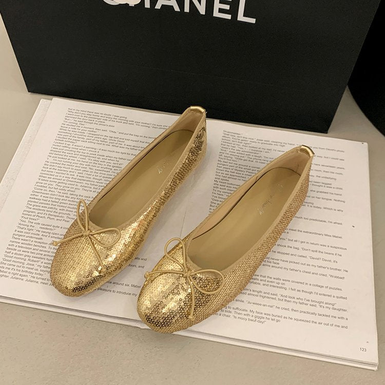 Shiny Gold Sequin Ballerina Flats, Casual Comfortable Flat Shoes For Women