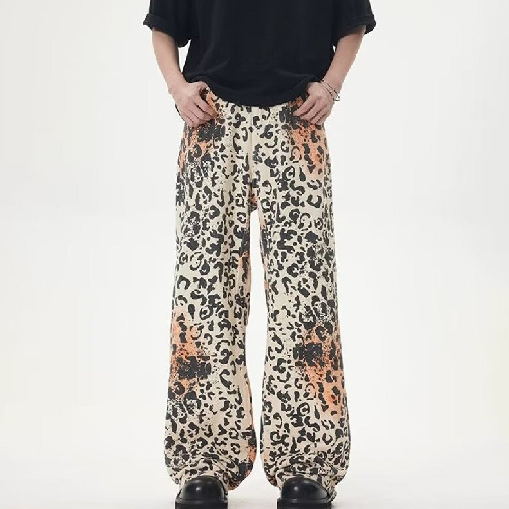 Vintage Leopard Print Jeans Straight Loose Men And Women